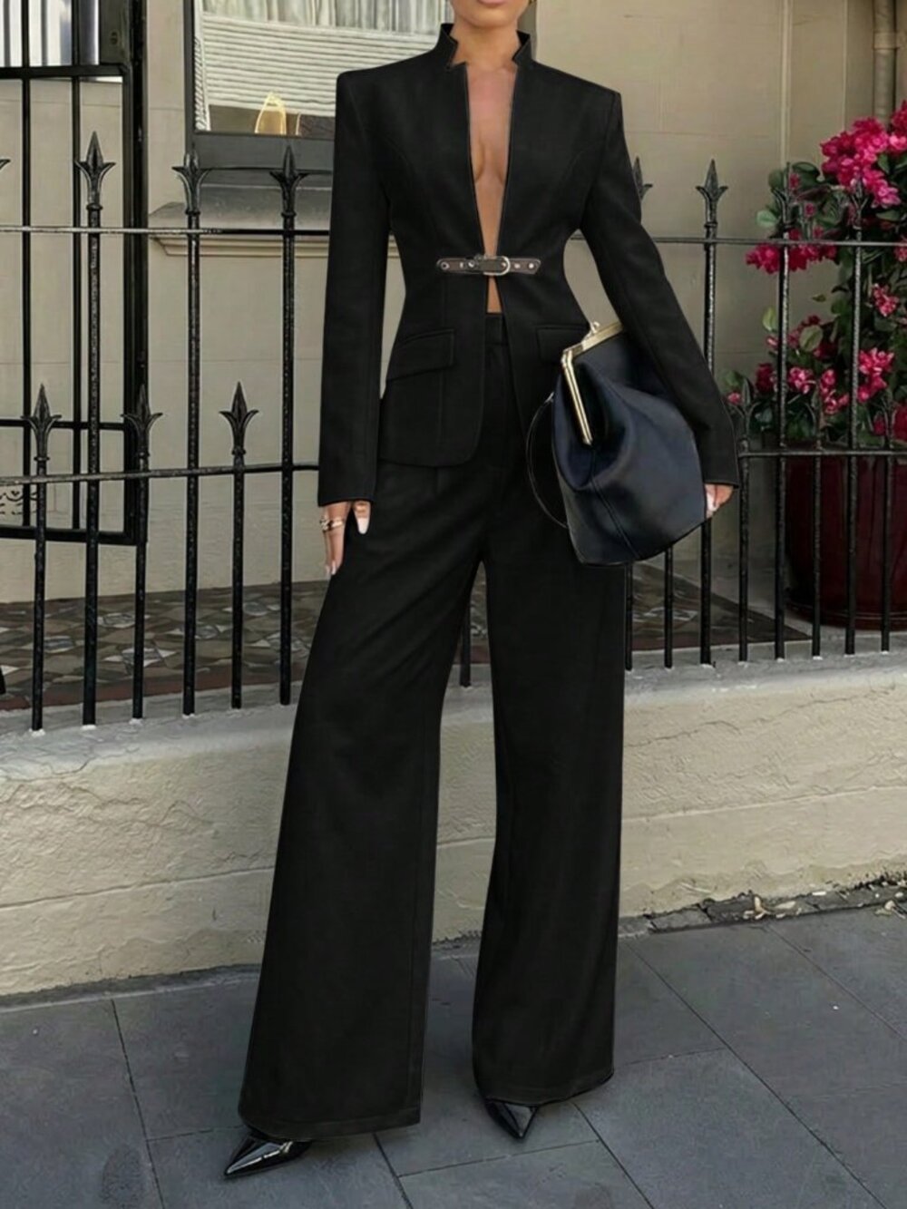 Black Elegant Women's High Collar Suit Set